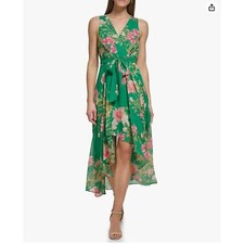 Eliza J. sz 10 green pink faux wrap belted high low maxi dress NWT