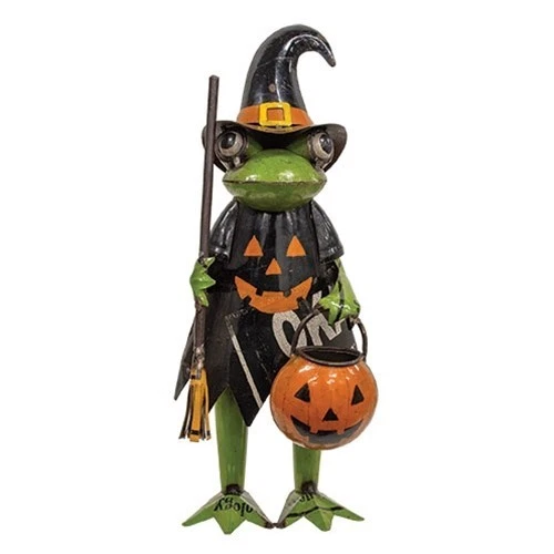 NEW PRIMITIVE HALLOWEEN FROG FIGURE MATILDA METAL BROOM WITCH HAT 5.25"Wx12.5"T
