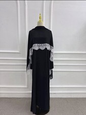 Women s Black 2pc Nida Abaya Small White Lace Trim Chiffon Hijab Modest Dress