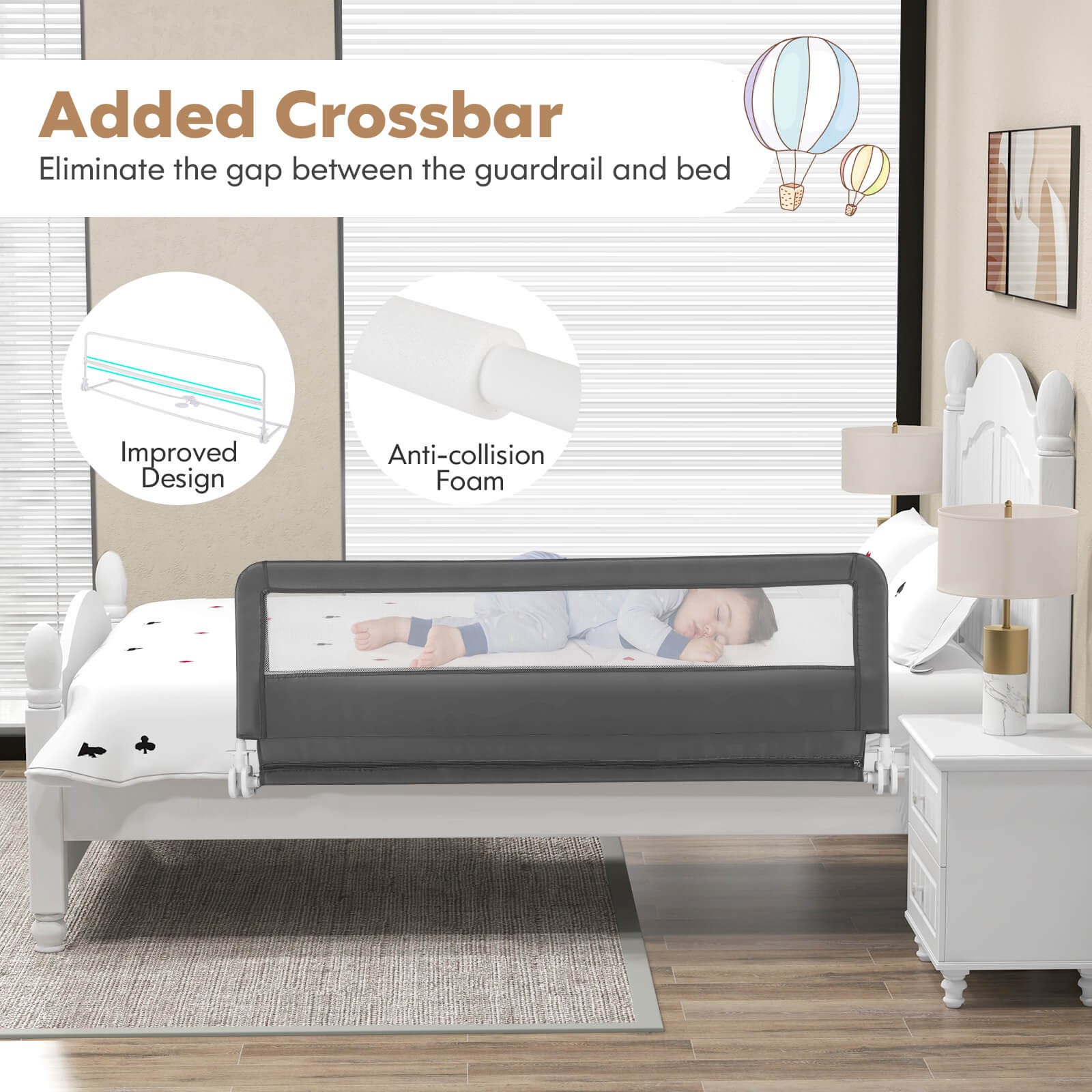 Costway 59" Baby Bed Rail Guard Breathable Material Safety Swing Down Home Gray