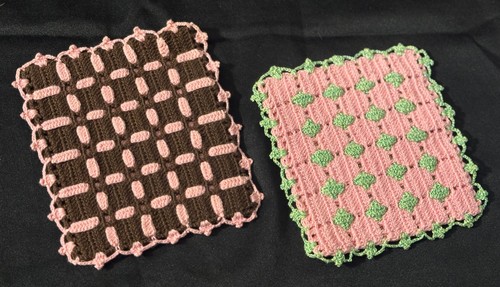 Vintage 1950s Crochet Potholders Set of 2 Mid Century Pink Brown Green Hot Pads