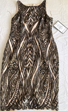 Adrianna Papell Sequin Mesh Sheath Dress Black Nude Geometric Size 8 Sleeveless