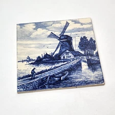 Vtg Delft Blauw Windmill Cottage Bridge Scene Hand Painted Ceramic Tile (READ)