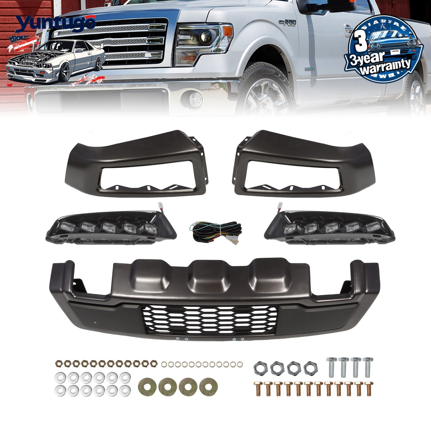 Front Bumper For Ford F150 F-150 2009-2014 Steel Black Raptor Style W/LED Lights