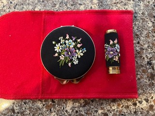 Vintage Vanity Compact & Lipstick Holder Set Floral Needlepoint w/ mirror @ Puff