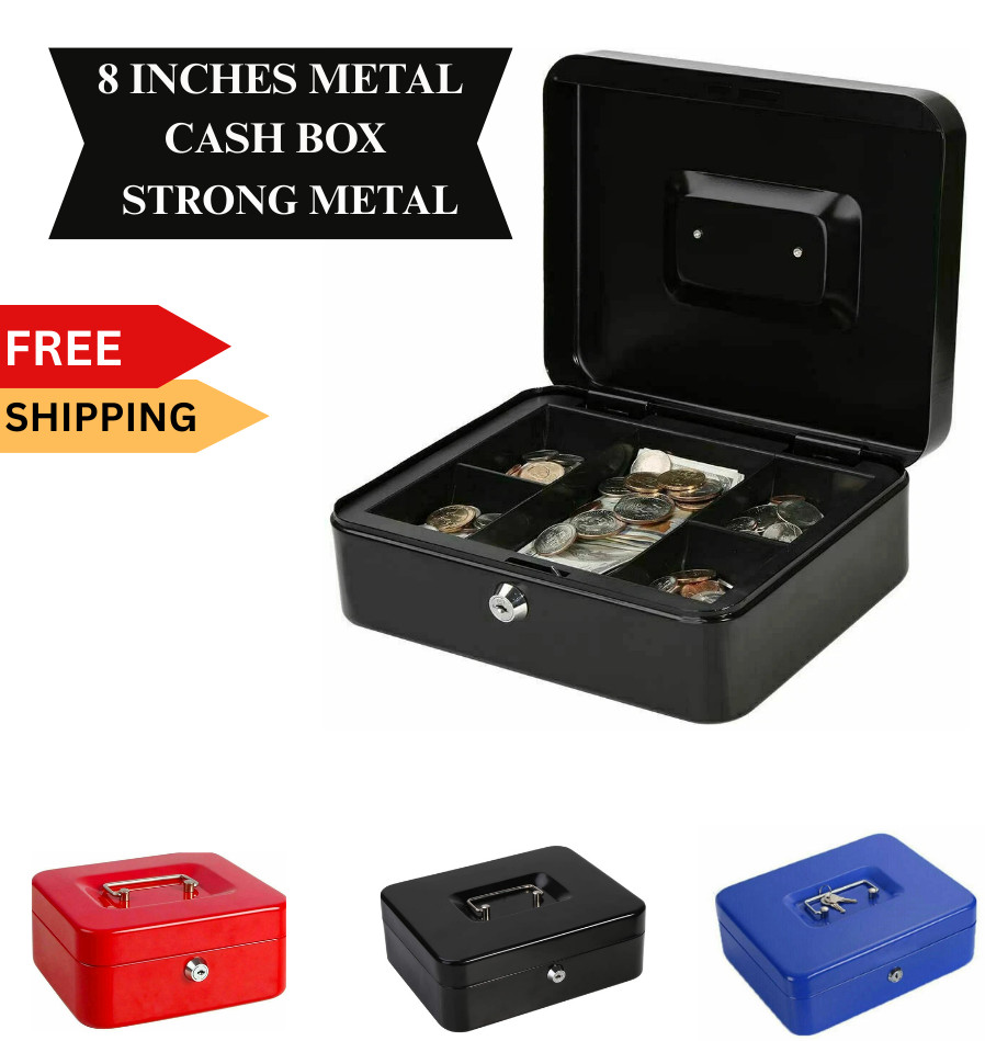 8 Inch Metal Cash Box Steel Money Safe Petty Cash Tin Lockable with Key