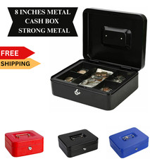 8 Inch Metal Cash Box Steel Money Safe Petty Cash Tin Lockable with Key
