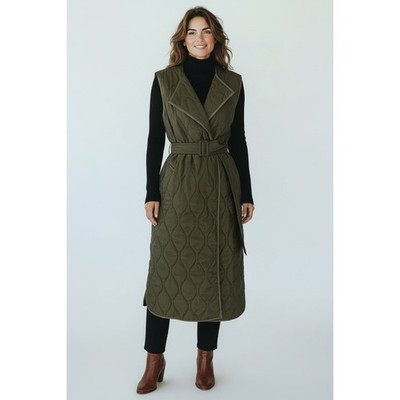 Halfboy Green Quilted Belted Long Vest Jacket Sleeveless Size XS