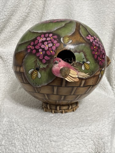 Hand Painted Gourd Birdhouse Decor Hydrangea Floral & Bees & Bird Free Standing