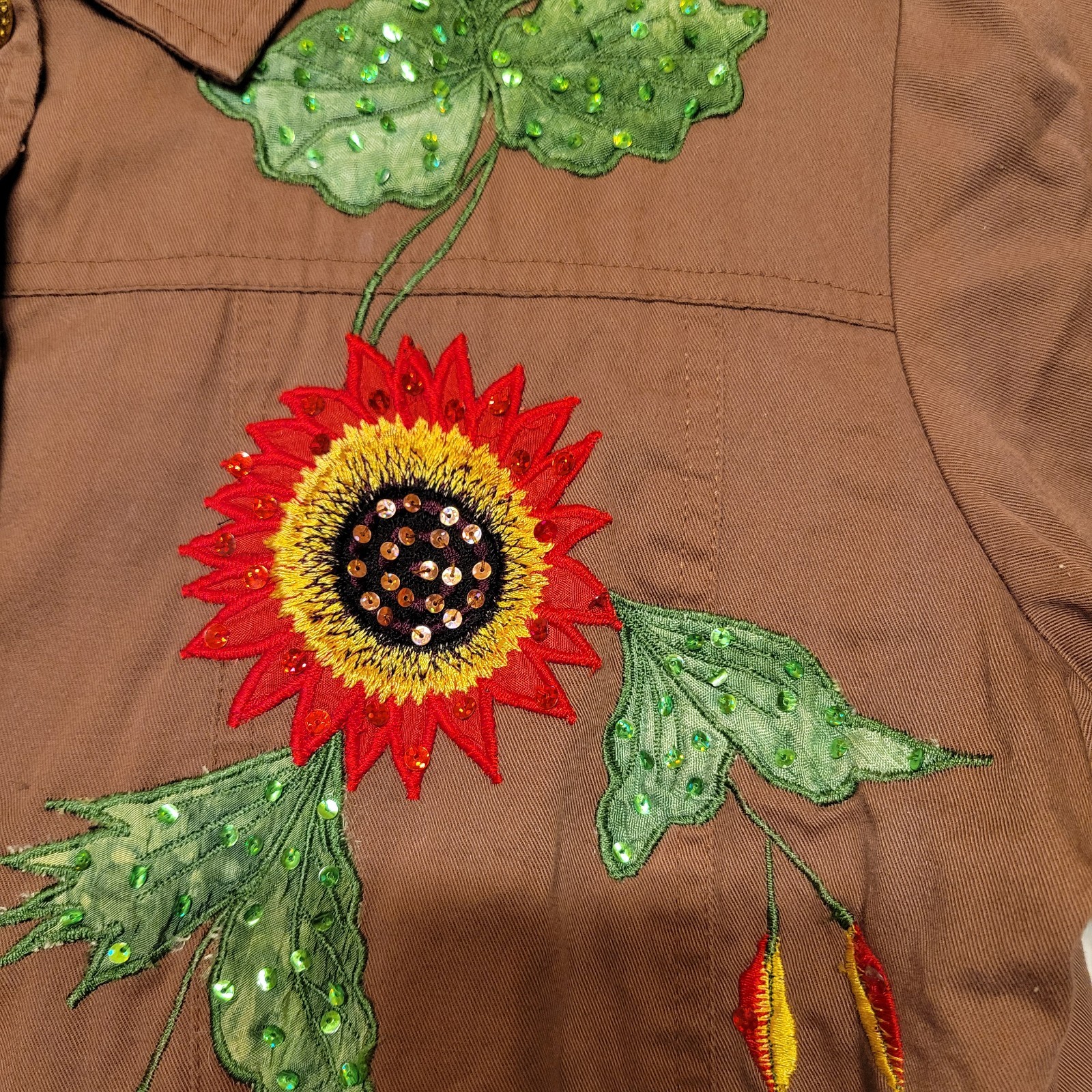 Tapestry Patch Brown Jacket Sequin Sunflowers & D… - image 5