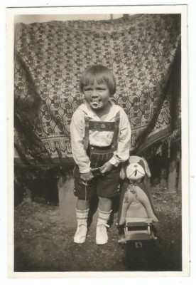 Children and Toys, Girl with Cloth Dog, Dog, Old Photo Circa 1940