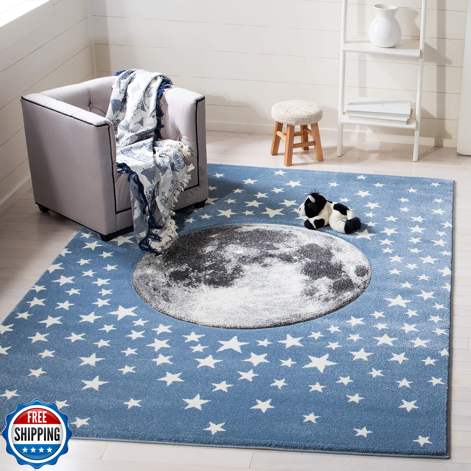 SAFAVIEH Carousel Kids Collection 4' Square Light Blue/Grey CRK135L Moon and