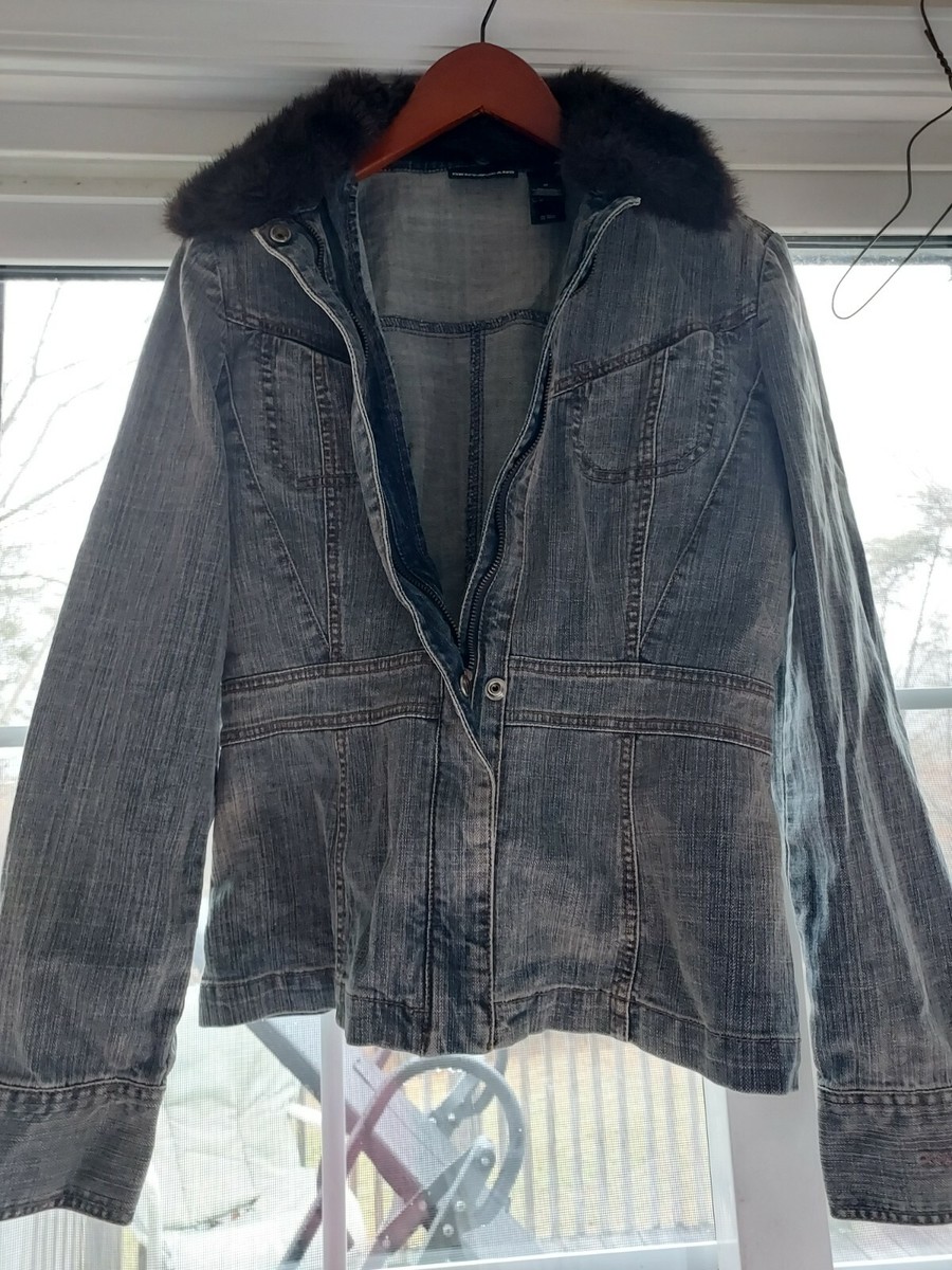 DKNY blue denim jacket faux fur removalbke collar size m | eBay