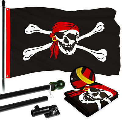 Combo Black Flagpole 5 Ft & Jolly Roger Red Head Scarf Flag 3x5 Ft Emb 300D Poly