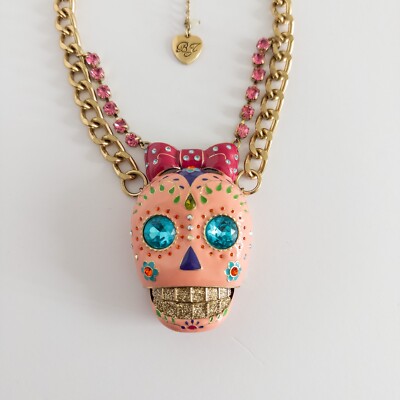 Betsey Johnson Viva La Betsey Sugar Skull Bow Colorful Flower Leaves Necklace
