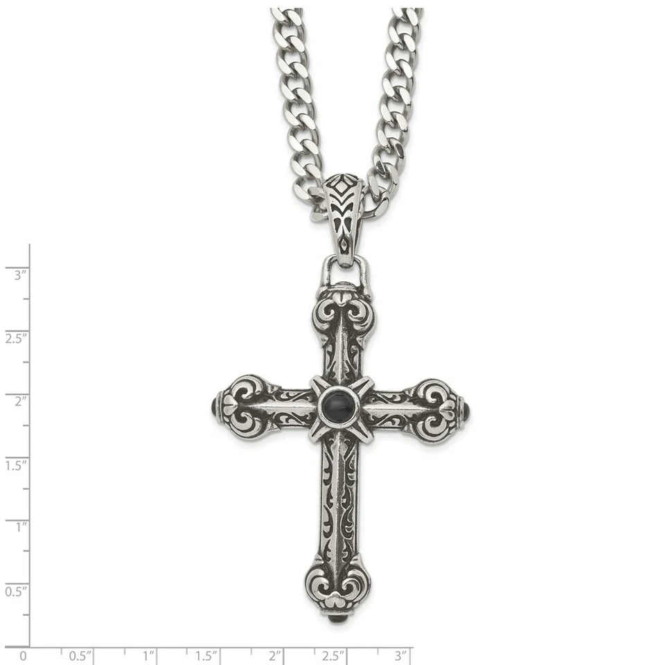 Stainless Steel Antiqued Cross w/Synthetic Black Agate 24in Necklace - Image 3 of 3