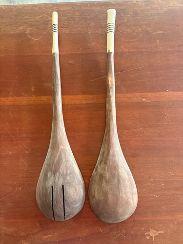 Carved Wooden Spoon & Fork Salad Serving Set Bone Handle Folk Art - Picture 6 of 16