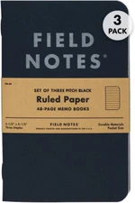 Field Notes 3-Pack Pitch Black Memo Books (3.5" X 5.5"), Ruled, 48 Pages | Thin