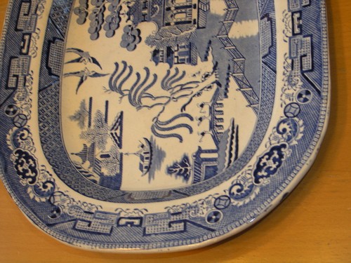 Rare Early Antique English Blue Willow Oblong Platter 12.5 x15.75 inches Unmarkd - Picture 2 of 12