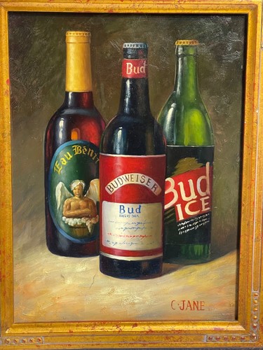 Exquisite ORIGINAL Oil Painting "Beer Bottle Still Life" Eau Benite-Bud-Bud Ice - Picture 3 of 18