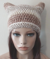 crochet womans handmade hat kitty cat ears beanie rattan brown new USA made