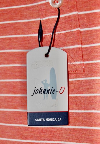 Polo da golf nuova con etichette Johnnie-O Hangin Out da uomo arancione Neese a righe SS taglia M - Foto 13 di 13