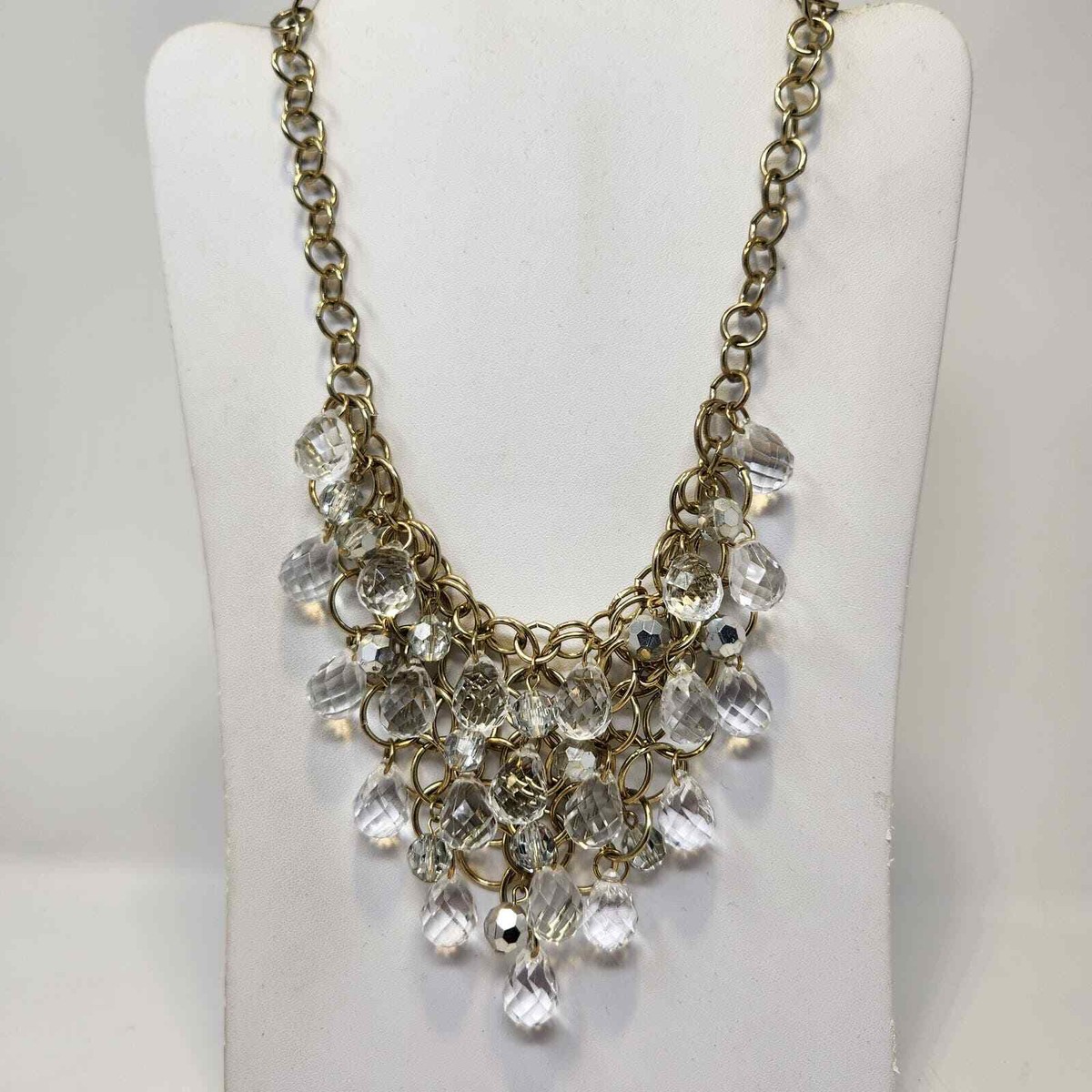 Graziano Clear Faceted Bead Tiered Bib Necklace Gold Tone