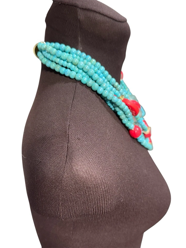 Chico’s Multi Strand Statement Necklace Turquoise Red Beads Layered Boho Bold - Image 2 of 4