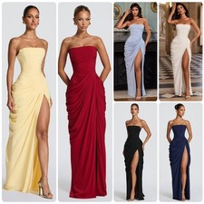 French Style Romantic Strapless Pleated Slit Dress - Women's Elegant Evening Gow