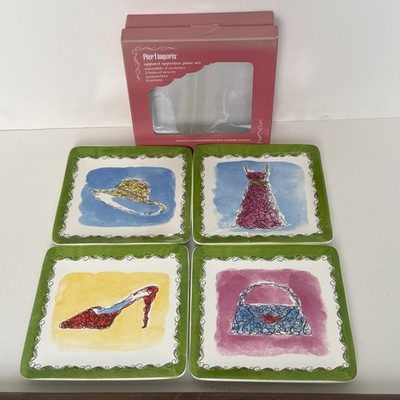 Set/4 VTG Pier 1 Imports Fashion Apparel Appetizer Dessert Dolomite Plates w Box