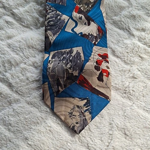 Primavera Men's Vintage 100% Silk Woven Tie Blue Gray Red Geometric Abstract Art - product listing photo