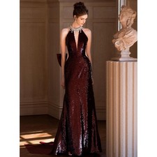 Women's Toast Bridal Wine Red Banquet Long Neck Hanging Fish Tail Evening Dress