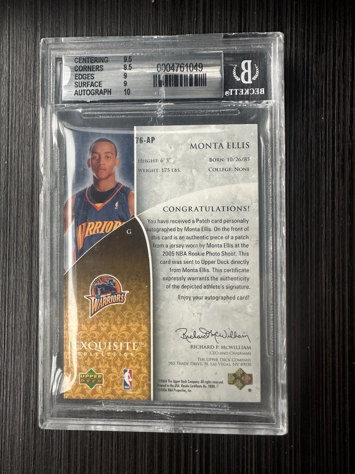 MONTA ELLIS 2005-06 EXQUISITE ROOKIE PATCH AUTO #76 084/225 MINT BGS 9 10 RPA RC - Image 2 of 2