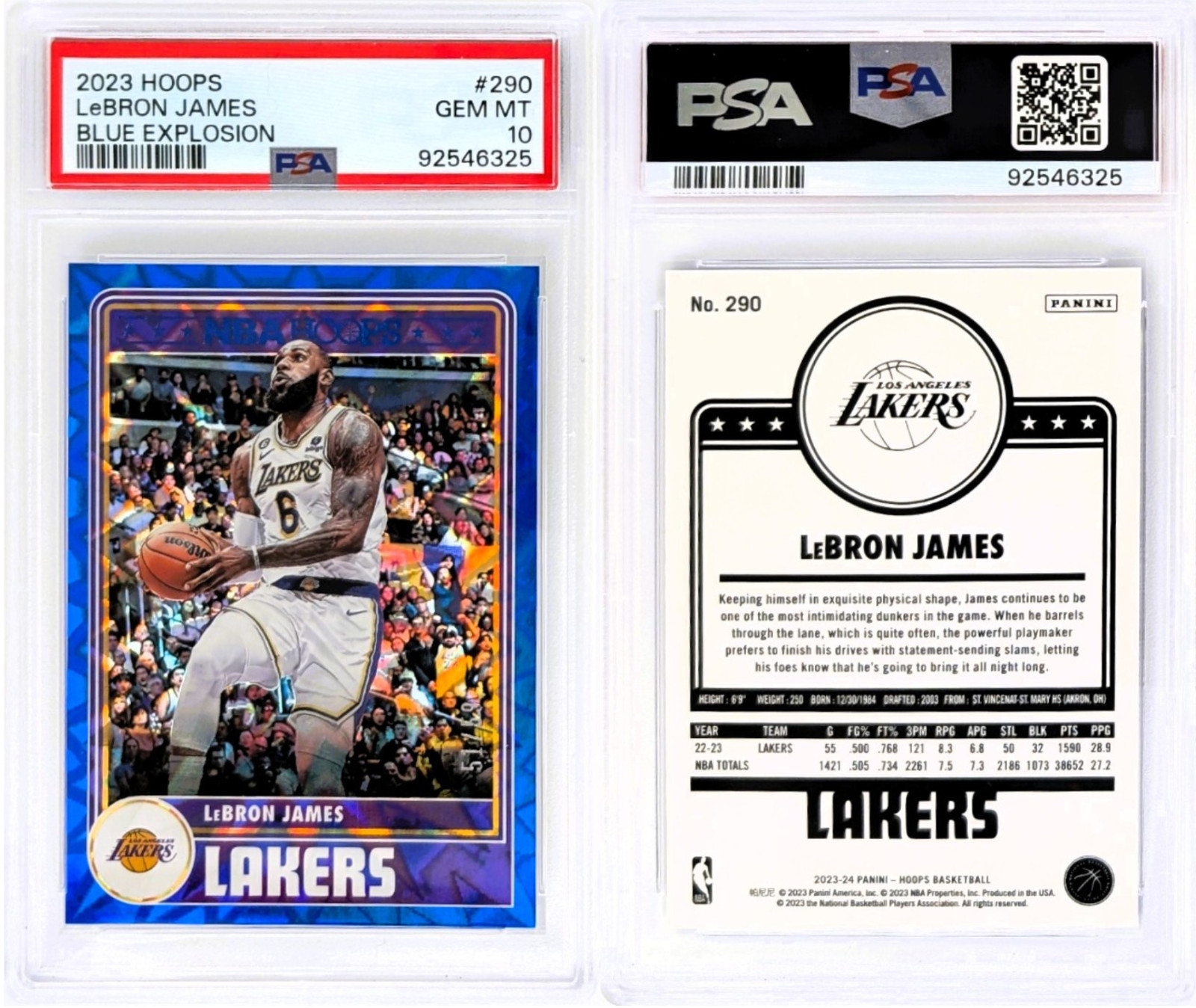2023 Hoops - LeBron James #290 - Blue Explosion 51/59 Los Angeles Lakers PSA 10 view 1