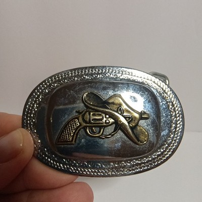Vintage 3'' Western Cowboy Belt Buckle  with Bronze  Hat & Gun  Silver Tone Metal