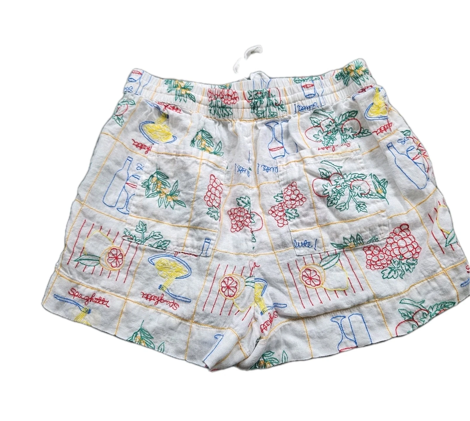 MAGASCHONI Buon Appetito Linen Embroidered Shorts Large L/G Wine Spaghetti Foodi