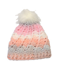 Handmade Pink Crochet Beanie Hat, Faux Fur Pom, Size 12-18 mos.