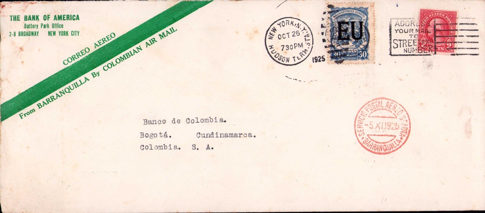 USA - COLOMBIA - 30c SCADTA COVER - NEW YORK to BOGOTA - 1926 RR