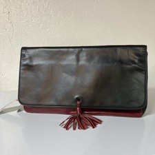 Halston 80431 Black & Cherry Large Clutch Bag Soft Leather Tassel NWT $160