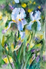 Irises Watercolor Painting Original Floral Art Blue Flowers Botanical Art