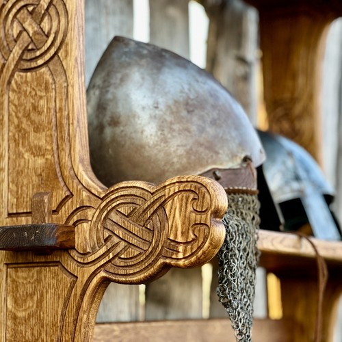 Hand-Carved Viking Helmet Stand – Odin’s Ravens | Solid Oak - Picture 13 of 14