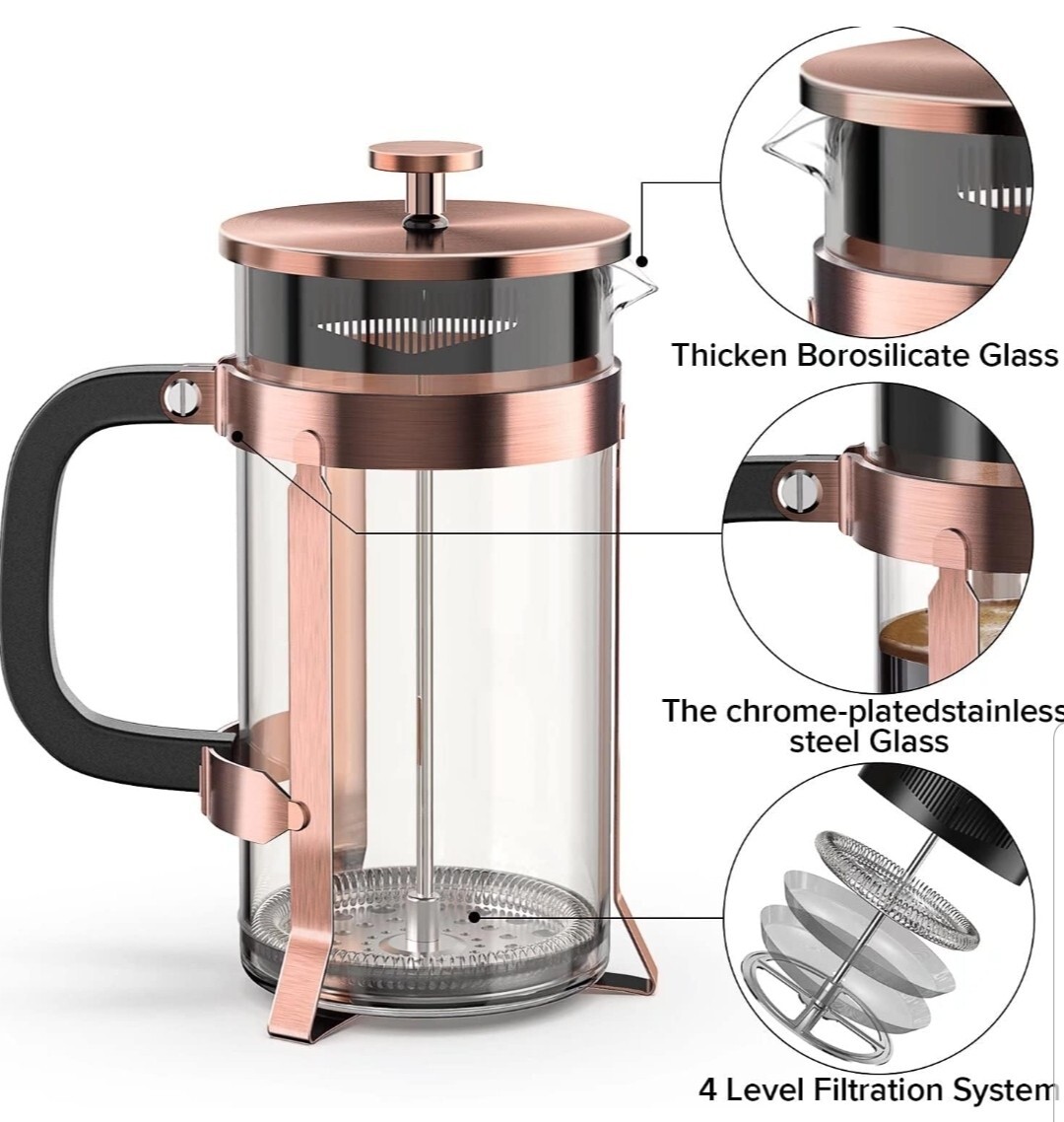 French Press Coffee Maker 34oz 304 Stainless Steel W/ 4 Filter Easy Clean Copper