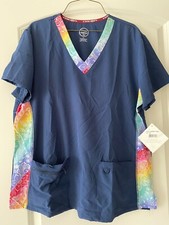 Divine Stretch Womens Scrub Top BLUE Pink S.M.LZip Pocket Patterned Trim