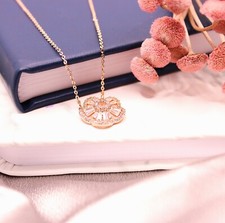Rose Gold Flower Pendant Necklace CZ Baguette Chain Gift for Women Daily Wear