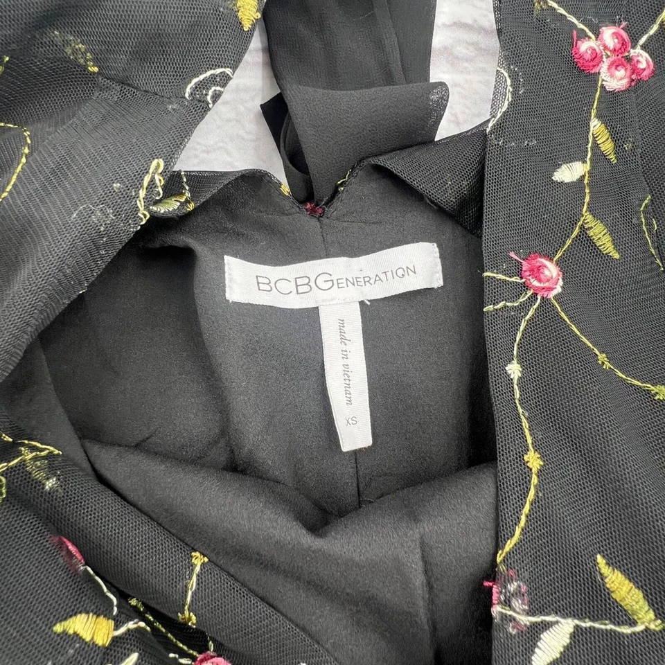 BCBGeneration Bow Back Flare Sleeve Dress XS Black Chiffon Floral Embroidered - Image 3 of 4