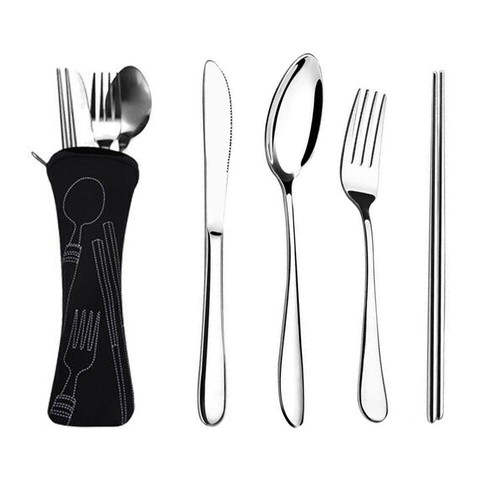 4 Pcs Cutlery Travel Knife Fork Portable Bag Stainless Steel Spoon Chopstick Set - Picture 4 of 8