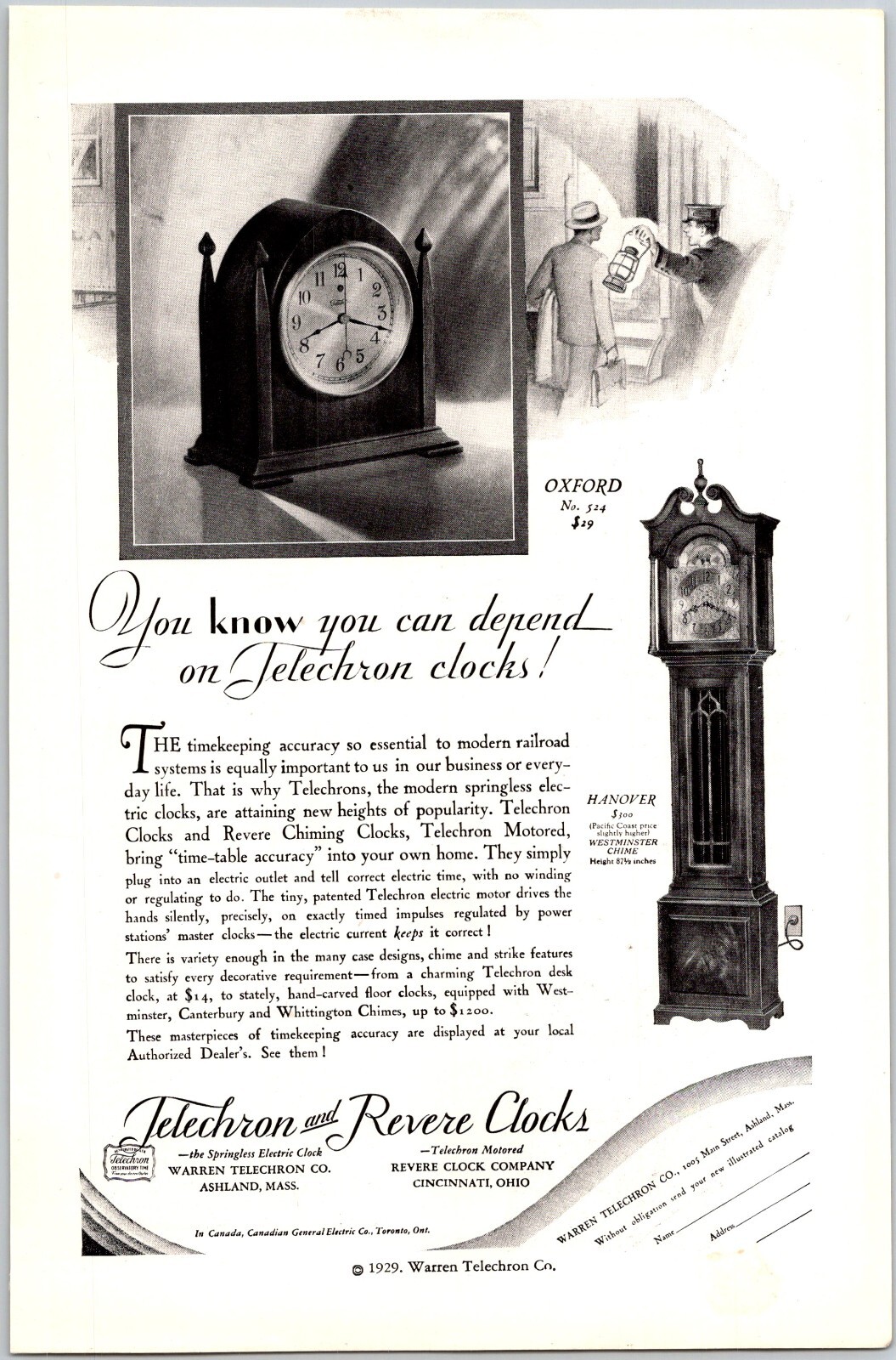 PRINT AD 1929 Telechron and Revere Clocks Oxford No. 524 Hanover 6.75 x 10