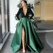 Deep V Neck Evening Dresses High Split Long Sleeves Sequin Satin Prom Party Gown