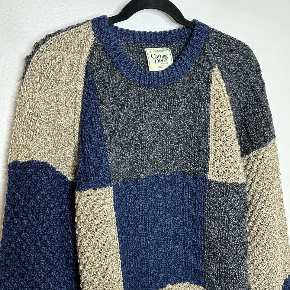 Suéter Pullover Tejido a Mano Lana Merino Carraig Donn Ireland Talla XL Azul Gris Foto 4 de 4