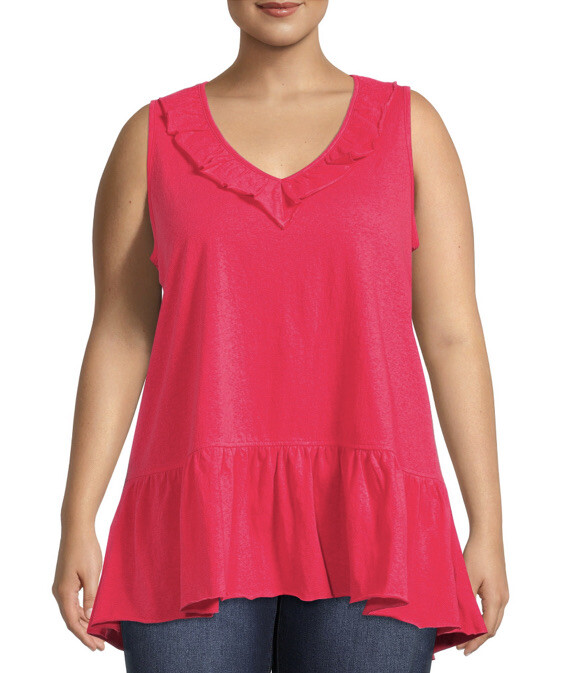 Terra & Sky Womens Plus Size Cherry Vanilla  Ruffled V-Neck Tiered Tank Top 1X